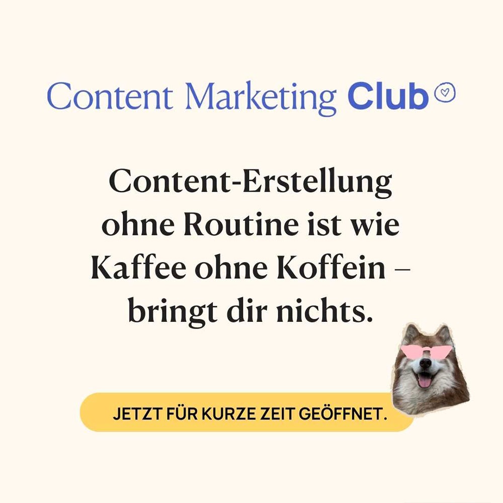 Mehr Sichtbarkeit und Struktur – Content Marketing Club. Der Content Marketing Club bietet dir alles, was du brauchst, um deine Inhalte plattformübergreifend und stressfrei zu erstellen. Durch unsere Co-Working-Sessions, Feedback und Coaching unterstützen wir dich, eine Content-Routine zu etablieren, die deinen Workflow optimiert. So schaffst du es, regelmäßig hochwertigen Content zu erstellen und deine Reichweite aufzubauen – mit Leichtigkeit und Struktur. Jetzt Mitglied werden und Content-Marketing strategisch angehen!
