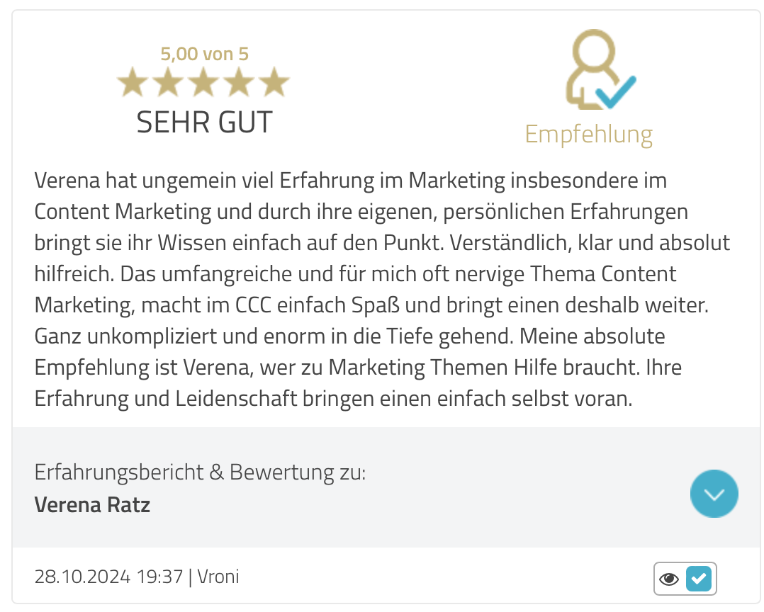 Praxisnahe Unterstützung und wertvolles Feedback: Im Content Marketing Club erhältst du Vorlagen, Content Pläne und Impulse, Feedback und den direkten Austausch mit anderen selbstständigen Frauen, hast Zugang zu Q&A Calls und geführtem Co-working. Alles, um dein Content-Marketing so einfach und zeitsparend wie möglich in deinen Alltag zu integrieren. Damit dein Marketing leichter wird.