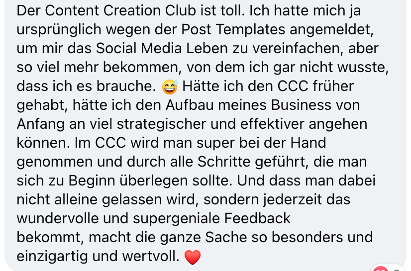 Praxisnahe Unterstützung und wertvolles Feedback: Im Content Marketing Club erhältst du Vorlagen, Content Pläne und Impulse, Feedback und den direkten Austausch mit anderen selbstständigen Frauen, hast Zugang zu Q&A Calls und geführtem Co-working. Alles, um dein Content-Marketing so einfach und zeitsparend wie möglich in deinen Alltag zu integrieren. Damit dein Marketing leichter wird.