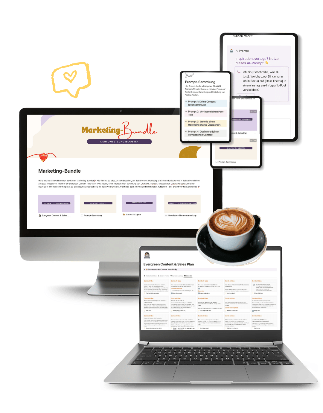 Fix fertige Post- und Caption-Vorlagen für tägliche Verkäufe. Nutze diese erprobten Vorlagen und Templates und mach deine Content-Erstellung so einfach und zeitsparend wie noch nie. Mit EVERGREEN Content & Sales Ideen für Inhalte, die für dich verkaufen. (inkl. Caption-Vorlagen und Beispiele – einfach nur kopieren, an dein Thema anpassen und in Sekundenschnelle veröffentlichen) Nutze ChatGPT Multistep-Prompts für authentische Texte, die nach dir klingen. Verpacke das Ganze in ästhetische Posts mit Canva-Design-Vorlagen und finde Inspiration für heißen Community-Content in der Newsletter-Themensammlung.