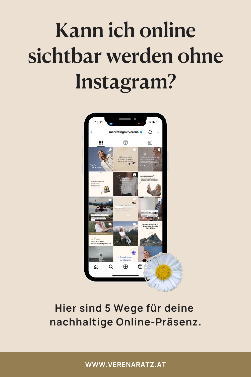 Du möchtest online sichtbar sein, aber der Social-Media-Stress mit Instagram nervt dich? In diesem Blogbeitrag erfährst du, wie du auch ohne Insta langfristig Kund:innen gewinnen kannst. Mit Website, Blog, Pinterest, LinkedIn und Newsletter baust du dir eine nachhaltige Sichtbarkeit auf – ganz ohne Dauerbespaßung. Du bekommst konkrete Tipps, echte Kundinnenbeispiele und erfährst, warum Instagram keine Pflicht ist. Lies jetzt, wie du smart sichtbar wirst – ohne ständig online zu sein.