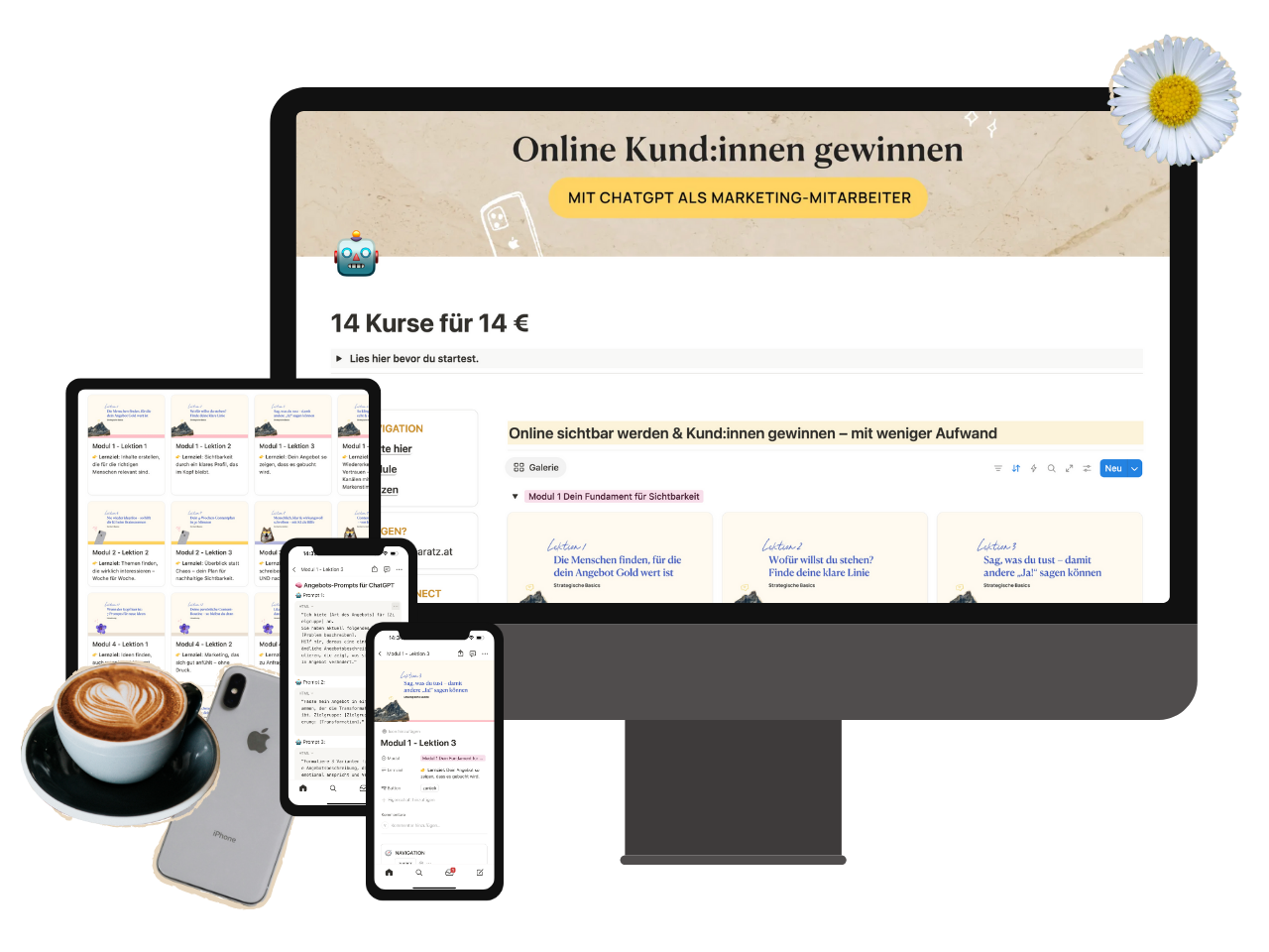 Online Kund:innen gewinnen mit ChatGPT – ohne Stress. In diesem kompakten Selbstlernkurs lernst du als Selbstständige, wie du mit KI und Struktur sichtbar wirst, dein Angebot klar formulierst und Content erstellst, der wirklich verkauft. Kein Technik-Blabla, sondern sofort umsetzbare Prompts, Vorlagen und Strategien. Für alle, die mit wenig Zeit mehr Wirkung wollen. Jetzt starten für 14 € und dein Marketing einfacher machen.