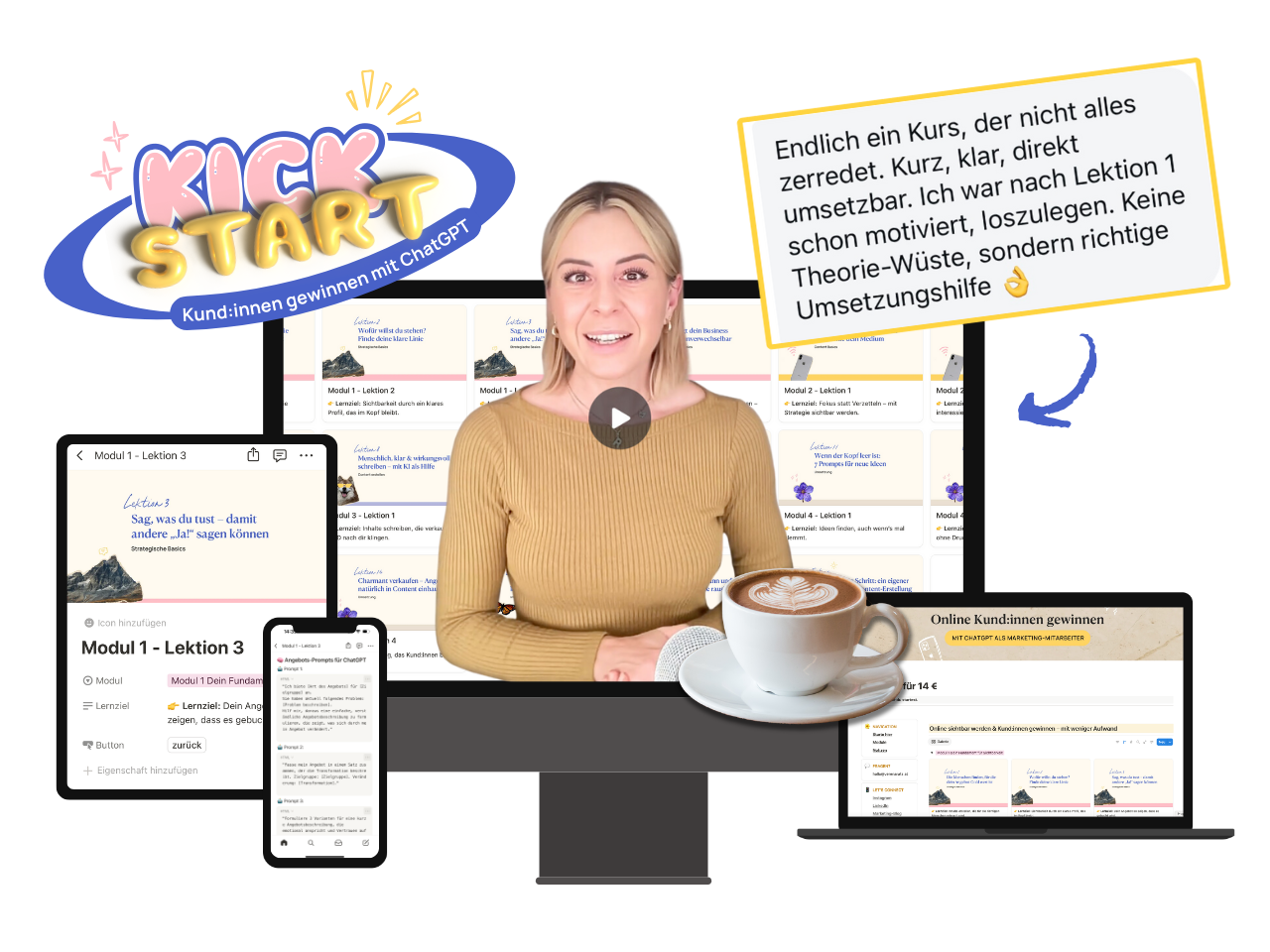Online Kund:innen gewinnen mit ChatGPT – ohne Stress. In diesem kompakten Selbstlernkurs lernst du als Selbstständige, wie du mit KI und Struktur sichtbar wirst, dein Angebot klar formulierst und Content erstellst, der wirklich verkauft. Kein Technik-Blabla, sondern sofort umsetzbare Prompts, Vorlagen und Strategien. Für alle, die mit wenig Zeit mehr Wirkung wollen. Jetzt starten für 14 € und dein Marketing einfacher machen.