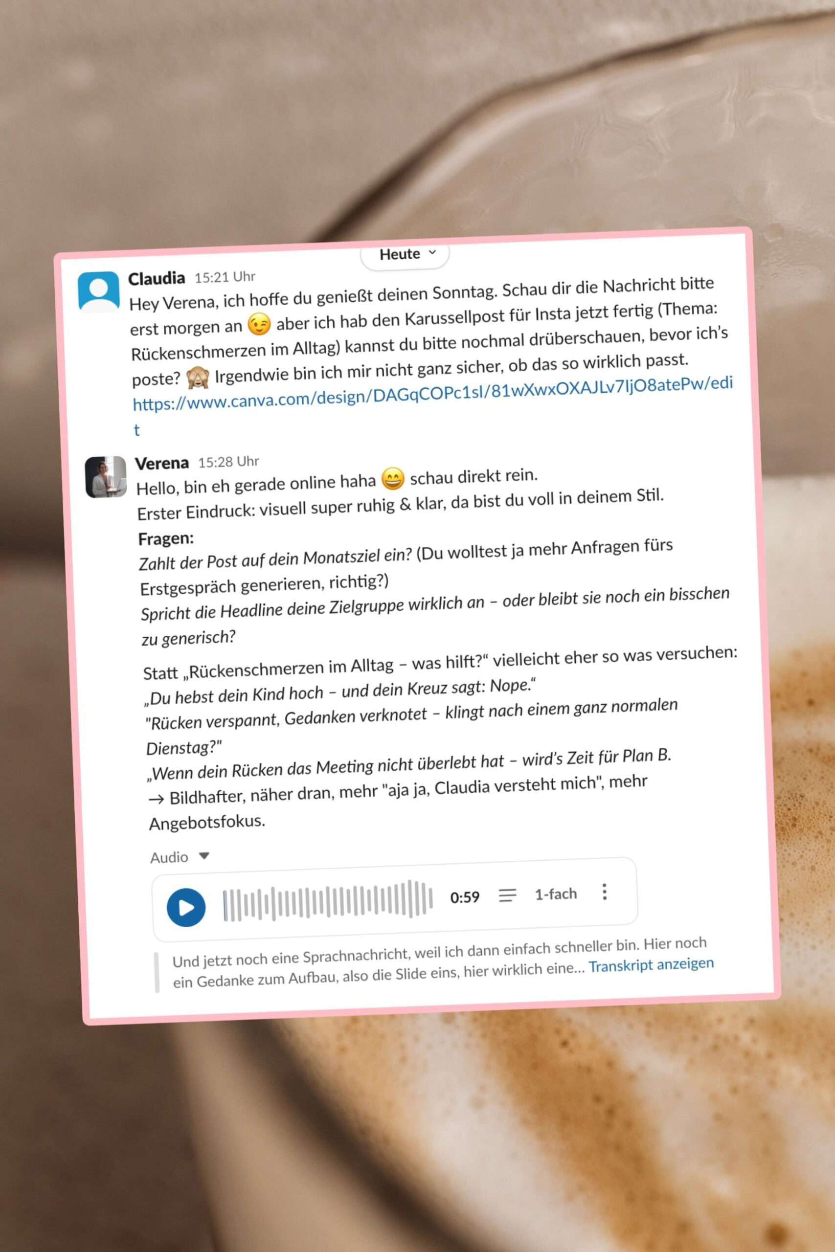 Content Co-Pilot | Content-Coaching für Solo-Selbstständige 10 Marketing darf leicht sein. Ich zeige dir, wie: als deine Content Co-Pilotin gebe ich dir strategisches Feedback auf deine Texte, Designs, Inhalte. Ohne Call, ohne Druck – stattdessen alltagsnah, ehrlich & umsetzbar. Buche jetzt deinen monatlich kündbaren Co-Pilot.