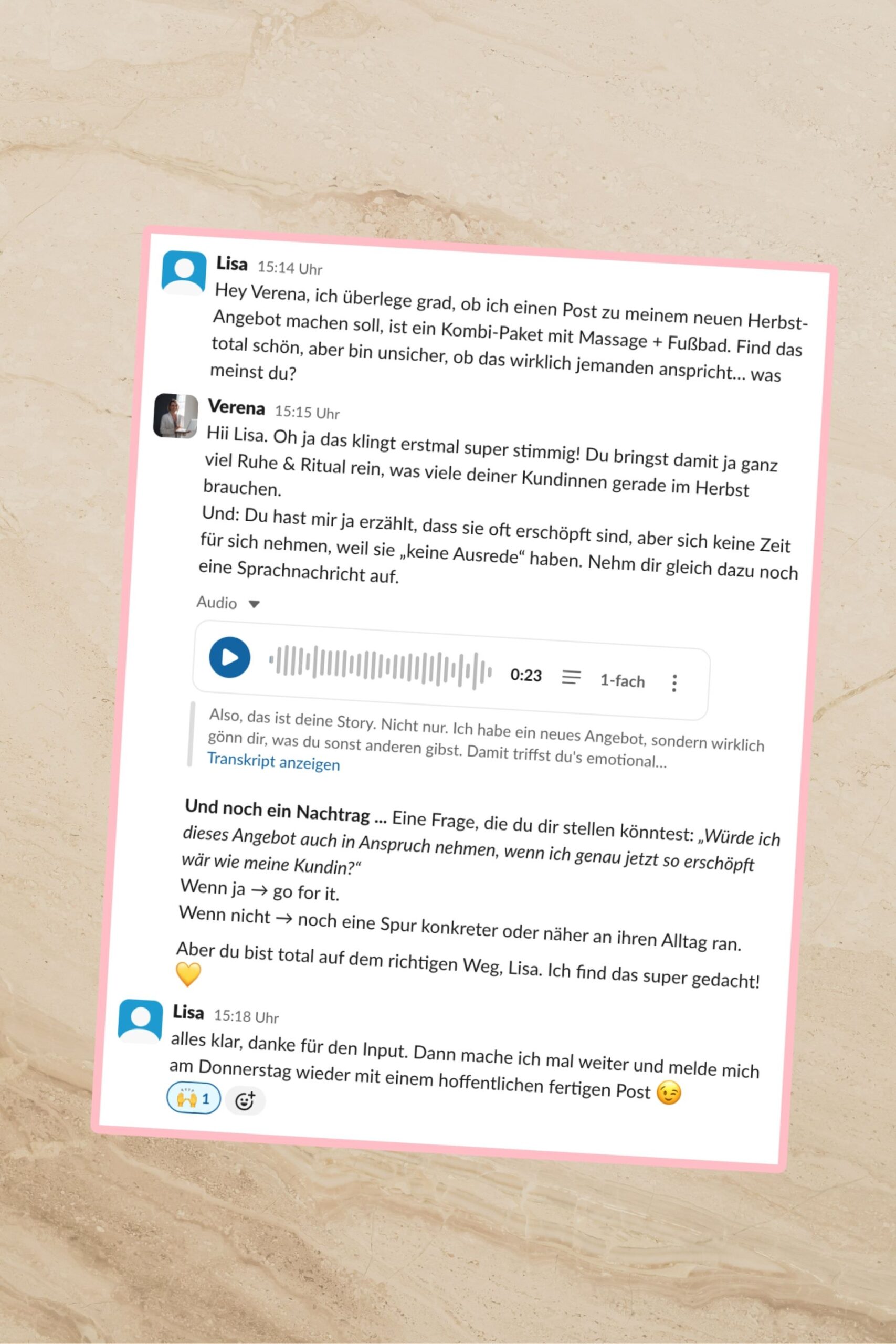 Content Co-Pilot | Content-Coaching für Solo-Selbstständige 1 Was posten? Wie formulieren? Du musst nicht länger allein grübeln. Ich geb dir Rückmeldung auf deine Texte, Ideen & Formate – direkt, verständlich & ohne Druck. Content-Coaching, das dich stärkt. Jetzt buchen & mit Leichtigkeit posten.